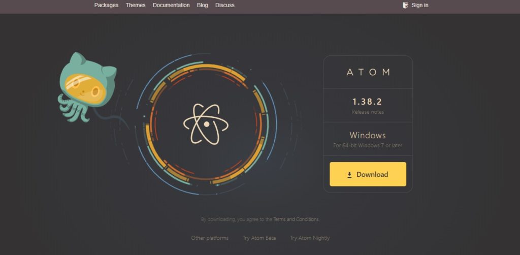 Página inicial do site do Atom, com um botão de download, opções para outras plataformas, um logo do Github e o do Atom .