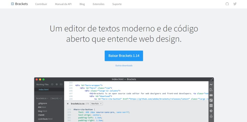 Página inicial do site do Brackets com um botão para download da versão mais atual da API.