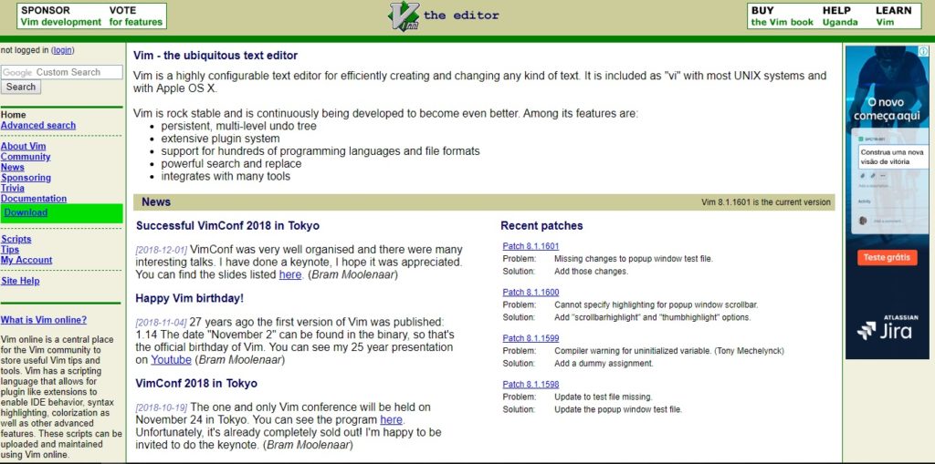 Página inicial do site do Vim, com diversos textos em inglês sobre o editor.