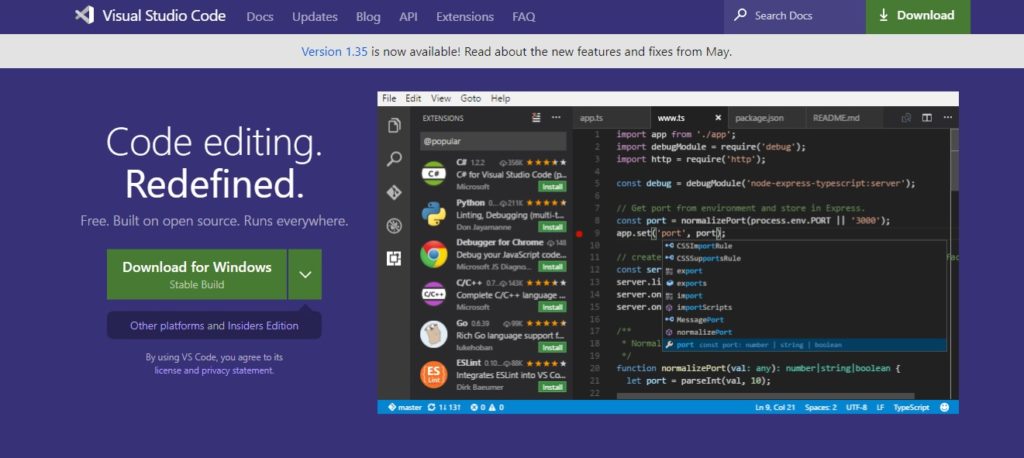 Página inicial do site do Visual Studio Code,com uma imagem da IDE, um botão para download, links para diversas páginas do site.